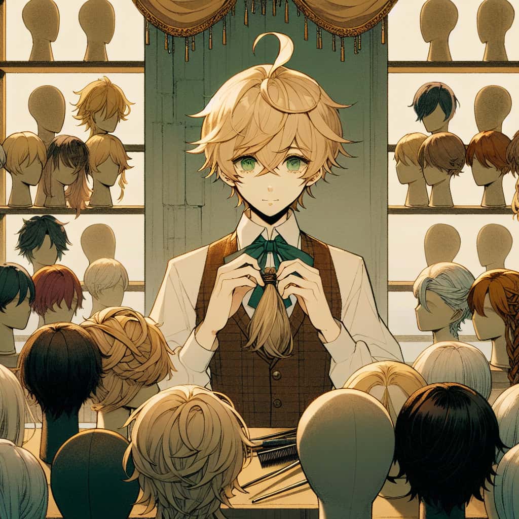 imagine in anime seraph of the end like look showing an anime boy with messy blond hair and green eyes working in anime charakter peruecken styling service