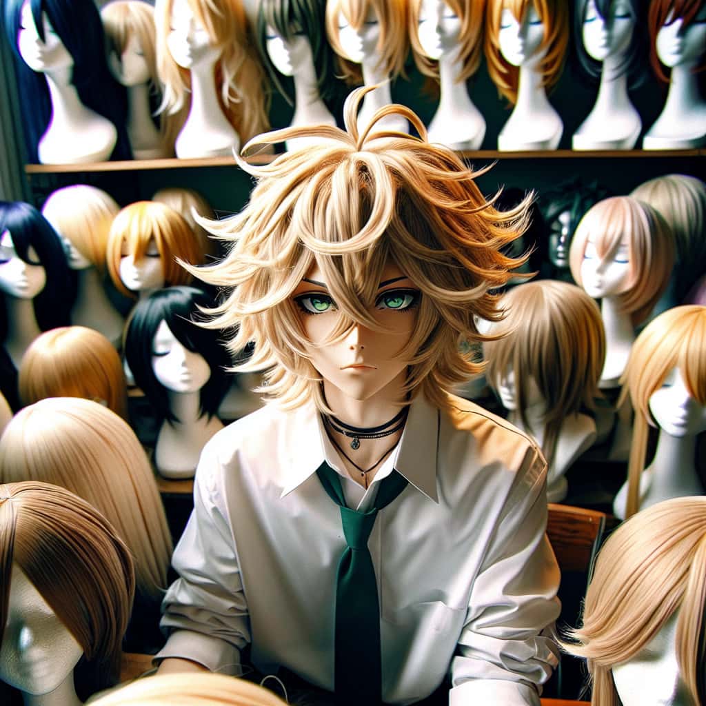 imagine in anime seraph of the end like look showing an anime boy with messy blond hair and green eyes working in cosplay peruecke auftragsdienst