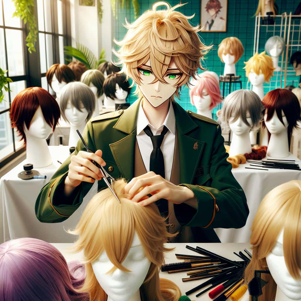 imagine in anime seraph of the end like look showing an anime boy with messy blond hair and green eyes working in cosplay peruecken styling service