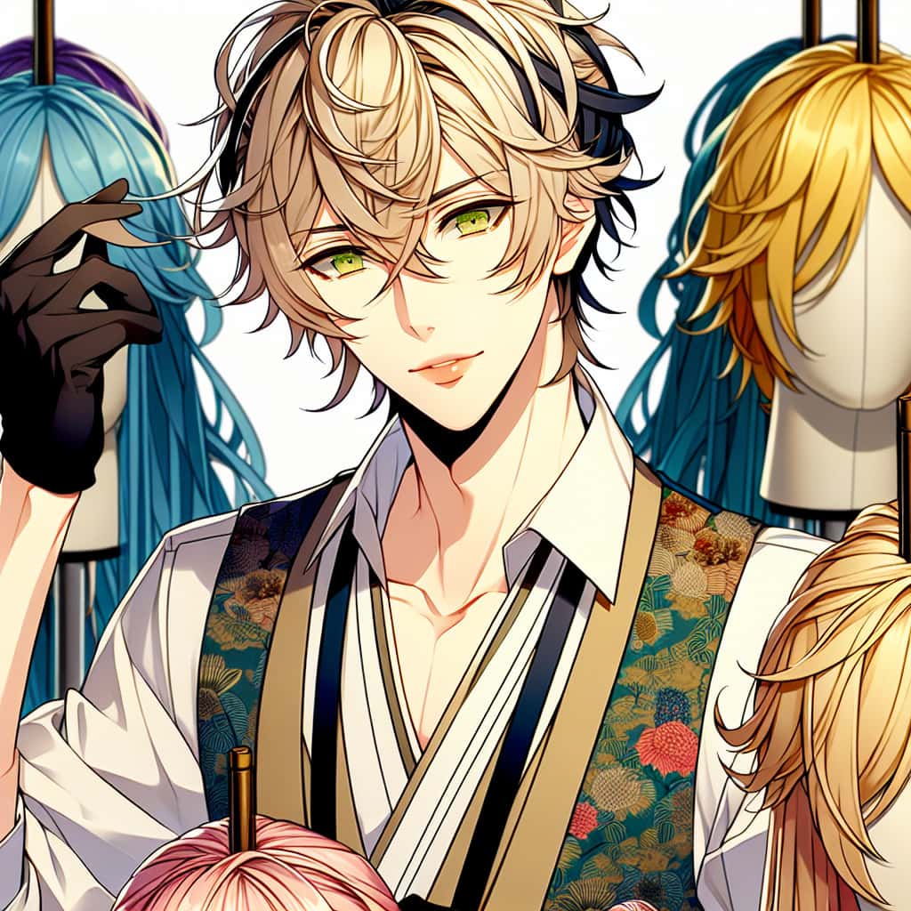 imagine in anime seraph of the end like look showing an anime boy with messy blond hair and green eyes working in cosplay perueckenanpassungsservice