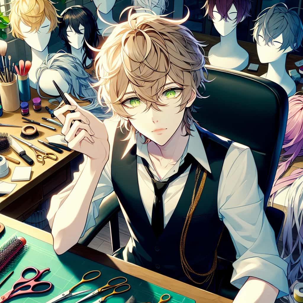 imagine in anime seraph of the end like look showing an anime boy with messy blond hair and green eyes working in cosplay perueckenschneideservice