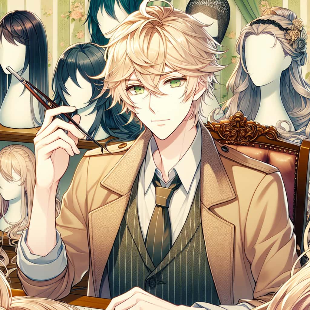imagine in anime seraph of the end like look showing an anime boy with messy blond hair and green eyes working in maennlicher cosplay peruecken kommissionsdienst