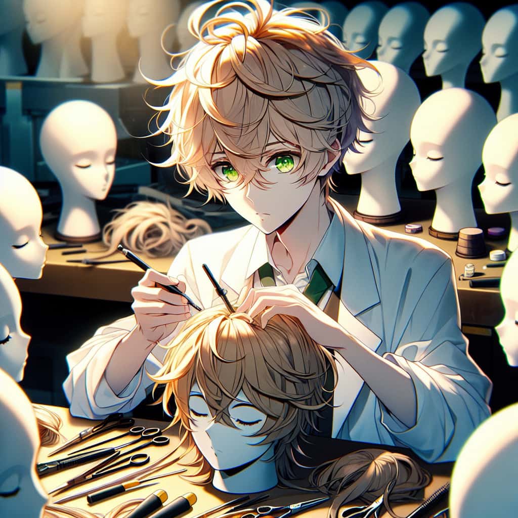 imagine in anime seraph of the end like look showing an anime boy with messy blond hair and green eyes working in peruecken auftraege fuer die tv und filmindustrie