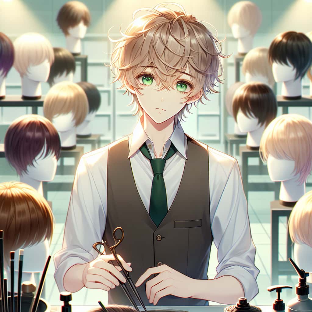 imagine in anime seraph of the end like look showing an anime boy with messy blond hair and green eyes working in spitzenfront peruecke styling service